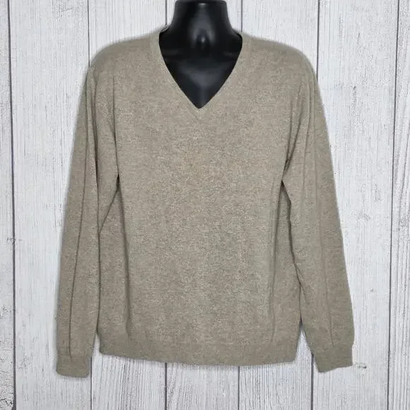 Joseph Abboud 100% Cashmere Sweater XL Tan Beige V Neck Luxury Soft