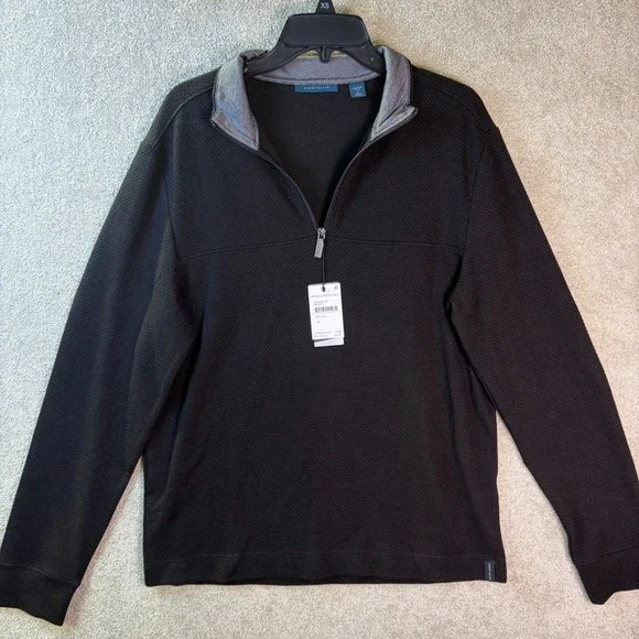 Perry Ellis Quarter Zip Pullover Mens Medium Black Textured Waffle‎ Knit NEW