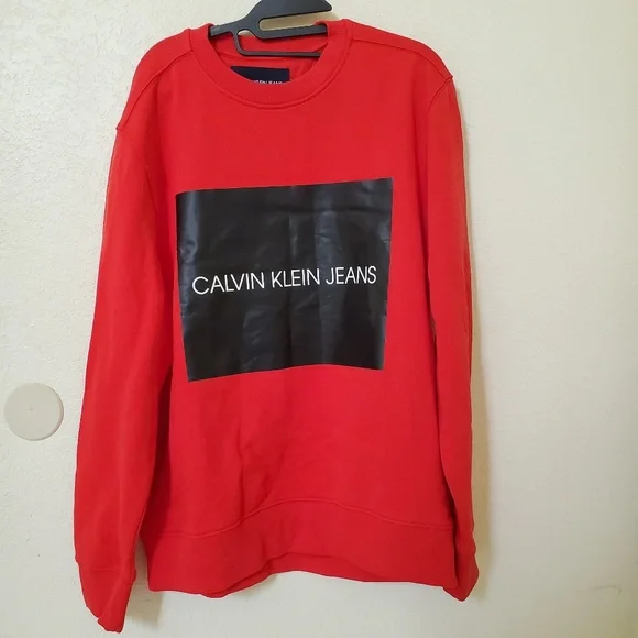 Red Calvin Klein Jeans Pullover Crewneck Sweater with Contrasting Logo Men's L
