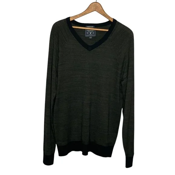 American‎ Eagle Men's Medium M Green V-Neck Cotton Wool Blend Pullover Sweater