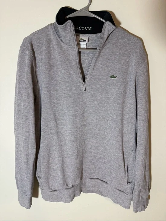 Lacoste Men’s Light Grey Half-Zip Sweater with Green Croc