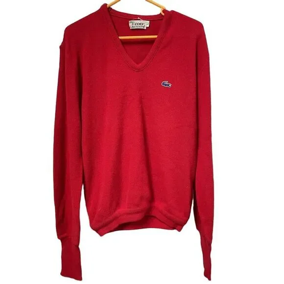 VTG IZOD LACOSTE‎ Sweater Mens Large Vneck Grandpa RED Logo Luxury NYC Golf