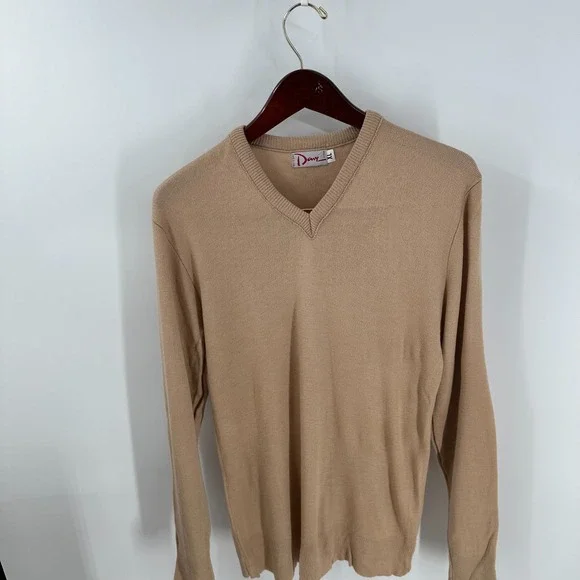 Vintage Dave Acrylic Modern V-Neck USA Made‎ Knit Pullover Sweater Beige Size XL