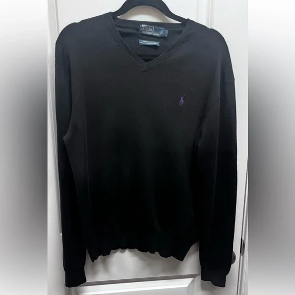 Polo Ralph Lauren Black Pima Cotton V-Neck Sweater Purple Pony - Men’s large