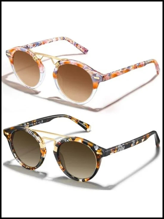 Double Bridge Round Sunglasses for Women Polarized UV Protection Retro Metal