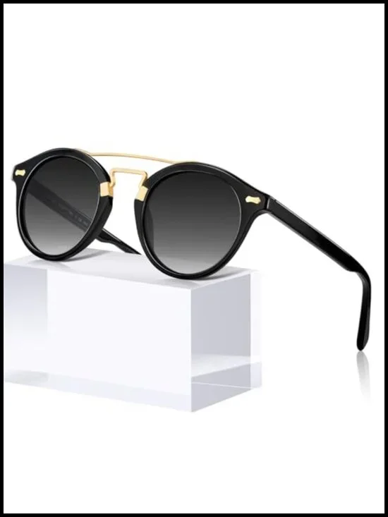 Retro Metal Brow Double Bridge Sunglasses Round Small Face Acetate Frame