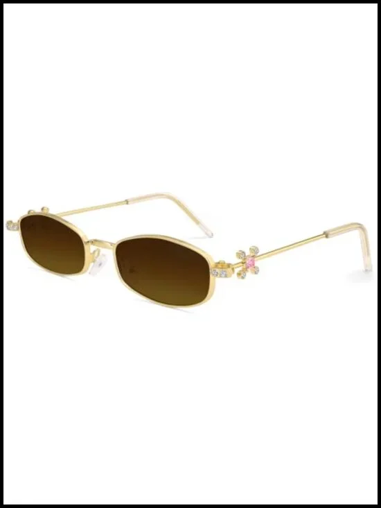 Rectangular Rhinestone Sunglasses, Metal Frame, UV Protection, Narrow Small
