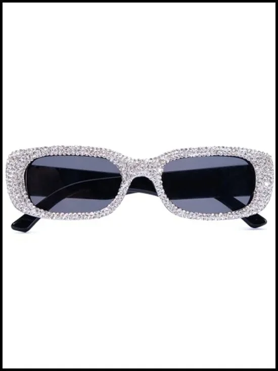 Retro Rectangular Rhinestone Sunglasses UV400 Protection Sparkly Party Trendy