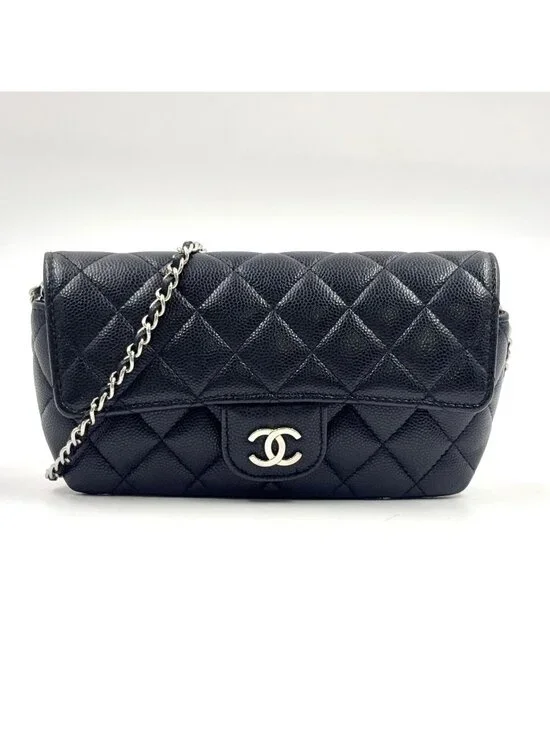 Chanel Quilted Eyewear Case Caviar Leather Black Chain Shoulder Bag Silver