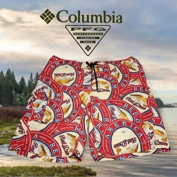 Columbia Mens PFG Red Drum Amber Ale Beer Print Board Shorts Red 40