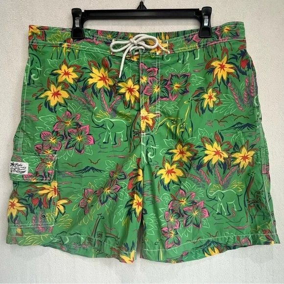Polo Ralph Lauren Men's Green Tropical Swim Trunks Sz Large Elephants Giraffes