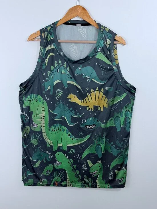 Men's All-Over Dinosaur Performance Muscle/Swim/Boat Tank Top – Size XL, approx.