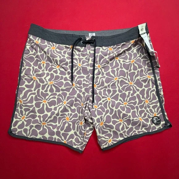 NWT SURF ONeill Mens OG Print Scallop Boardshorts Grape Floral Retro Stretch 40