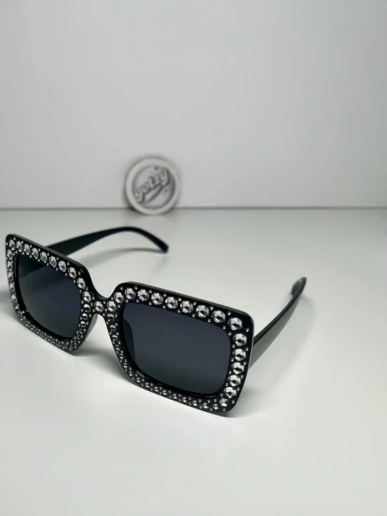Crystal-Embellished Black Square Sunglasses