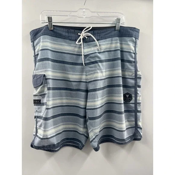 Vissla Men’s Board Shorts Hook & Loop Closure Blue Stripe Pockets Size 38 EUC