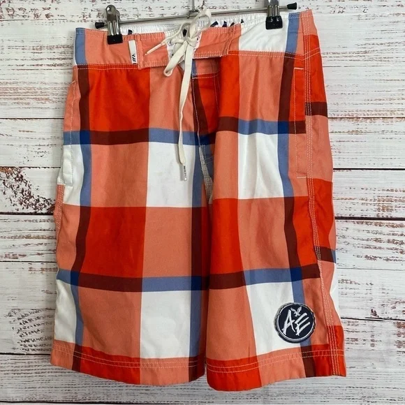 American eagle plaid Orange size XS drawstring‎ waist board swimming shorts