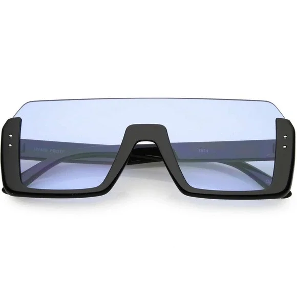 Oversized Shield Sunglasses Flat Top Fashion UV400 Protection Blue Lens‎ Luxury