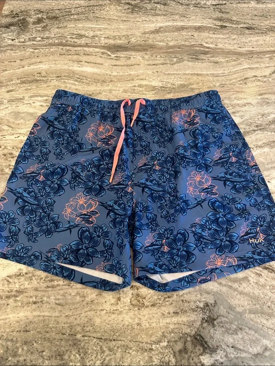 Huk Men’s Blue Floral Swim Trunks with Coral Drawstring