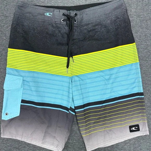 O'Neill Hybrid Swim Black Blue Trunks‎ Striped Board Shorts Beach Surf Size 32