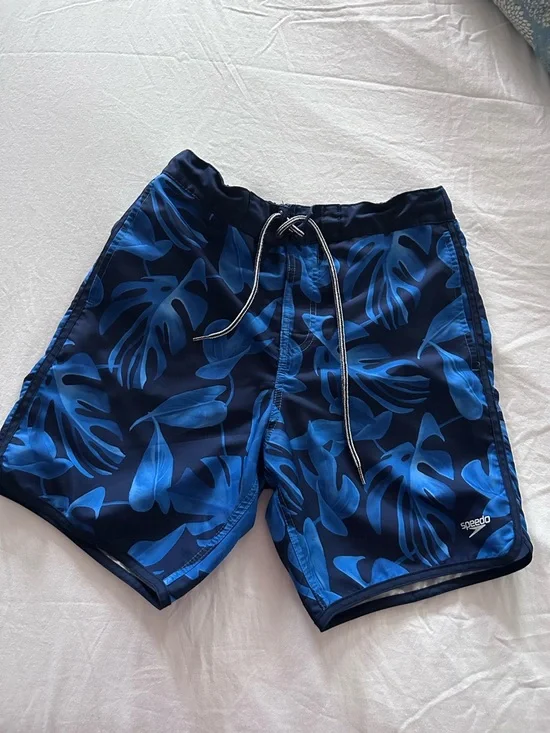 Speedo Men’s Navy and Bright Blue Leaf Print Swim Trunks
