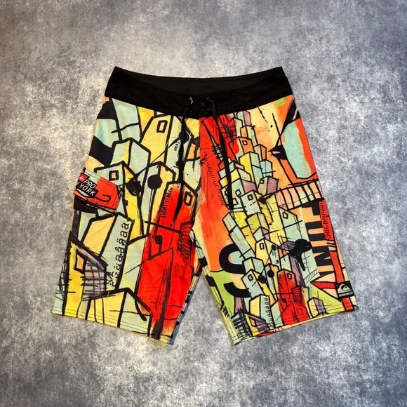 Vintage Quiksilver Pro New York‎ Board Shorts Mens 31 Graffiti Art Swim Trunks