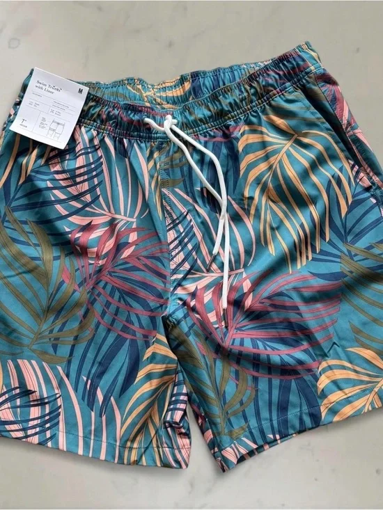 Goodfellow & Co Teal Tropical Palm Print Swim Trunks with Pink & Gold Accents