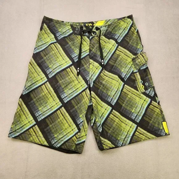 Oakley Hybrid Board Shorts Men's 34 Lime Green Checkered Plaid Cargo Zip 11