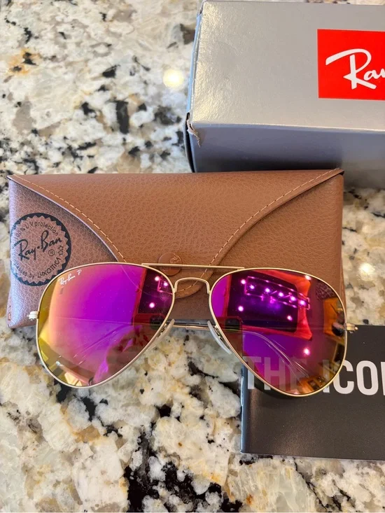 Ray-Ban Gold Frame Aviator Sunglasses with Purple-Pink Mirror Lenses