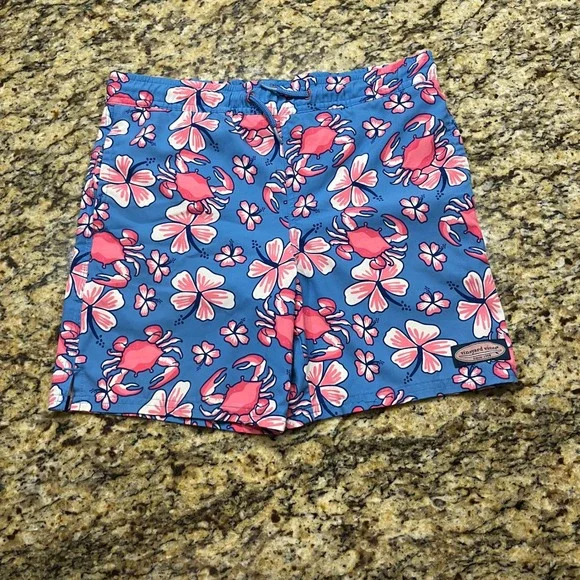 Vineyard Vines Mens Blue Pink Crab Hibiscus Floral Swim Trunks Board Shorts S