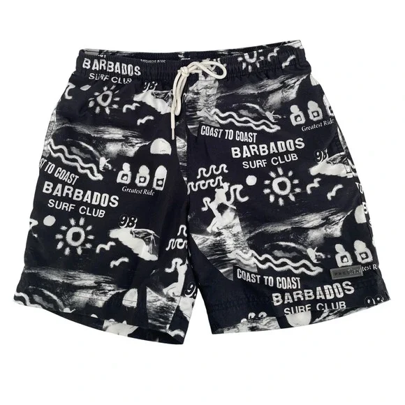 PacSun Swim Trunks Mens Small Black White Barbados Surf‎ Club Graphic Shorts