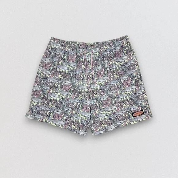 Men's Coral Reef Fish Print Swim Trunks L Beach Shorts Mesh Lined