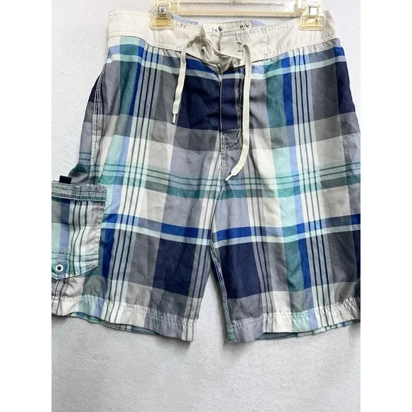 A.Eagle Outfitters Men's Plaid Board Shorts Size M Drawstring Mesh Lined Pockets