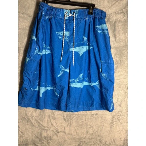 The Foundry Supply Co Mens 2XL Blue Shark Print Swim Trunks  Pocket Mesh  Lined‎