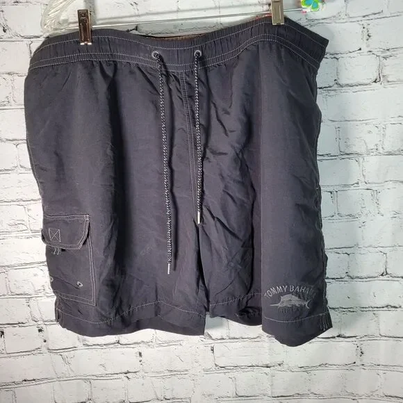Tommy Bahama Relax Board Shorts Mens Large Black Swim‎ Cargo Pocket Lined Trunks
