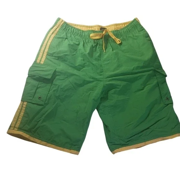 U.S. Polo Assn Green Yellow Striped Cargo Board Shorts Swim‎ Trunks Mens L