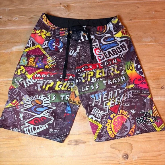 Vintage Rip Curl Mens Board Shorts Size 32‎ Multicolor Collage Print Surf Swim