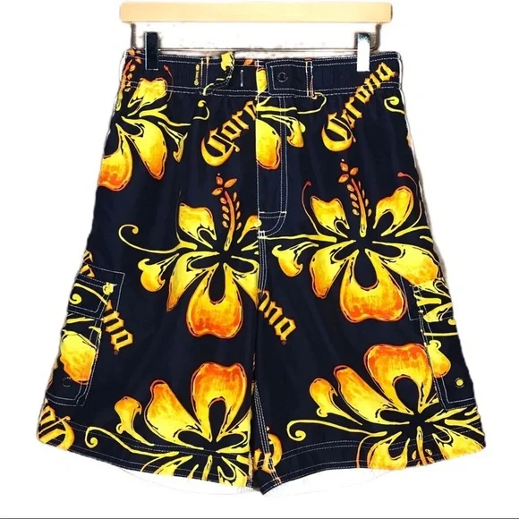 Corona Extra Mens Hawaiian Swim Board Shorts Unlined Size Medium Blue Yellow‎