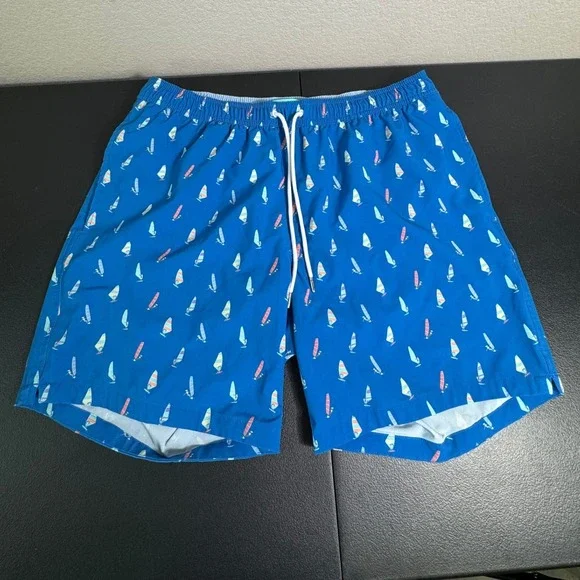 BONOBOS Mens Swim Trunks Blue Windsurf Print Elastic‎ Waist Drawstring Size L