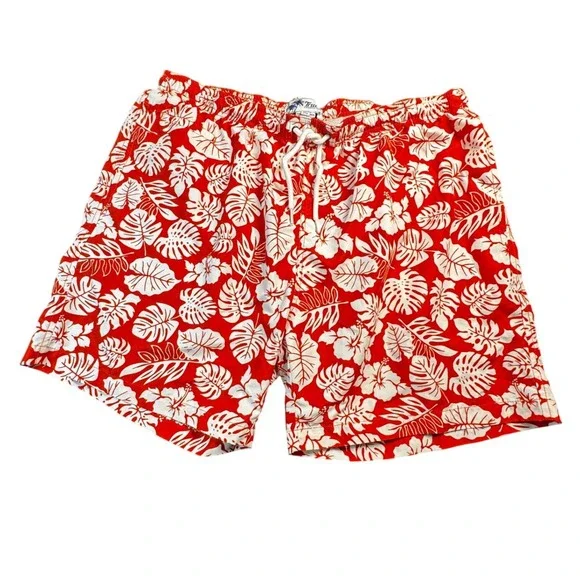 Trunks Surf & Swim Co Mens XXL Red White Tropical Hibiscus Floral Swim Trunks 6