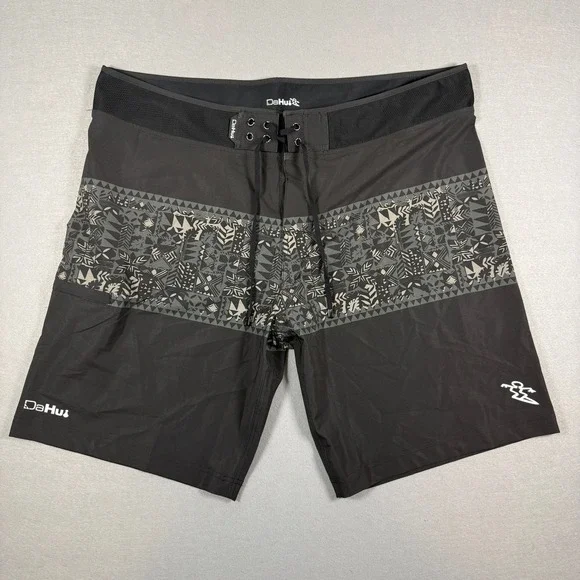 Da Hui Boardshorts Mens 38 Black Tribal Print Surf Swim Trunks Hawaii Surf Beach
