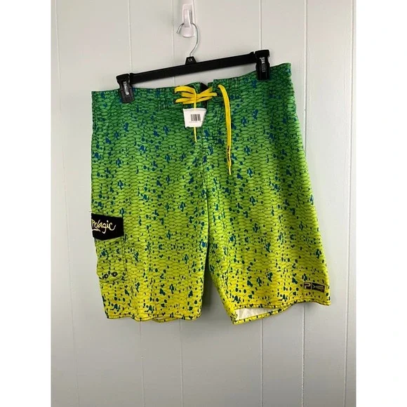 Pelagic Mens Dorado Mahi Mahi Fish Scale Board Shorts Green Yellow‎ Size 36