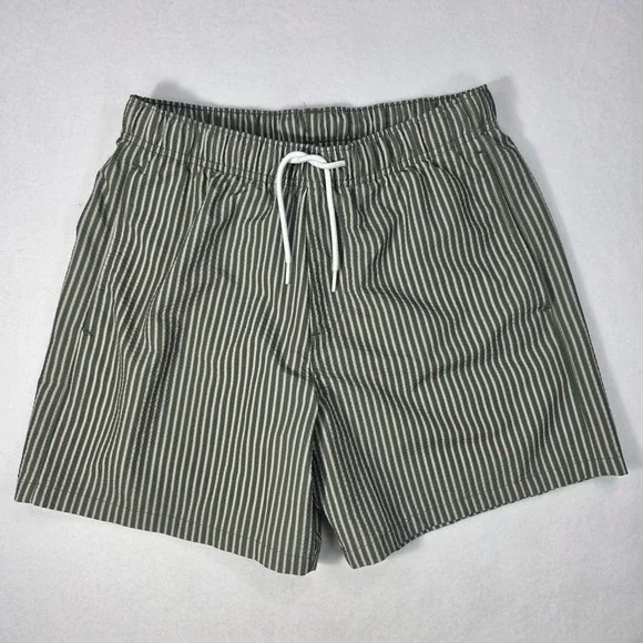Hollister Men's S Green/White Striped Swim Trunks Lined Mesh Pockets Drawstring