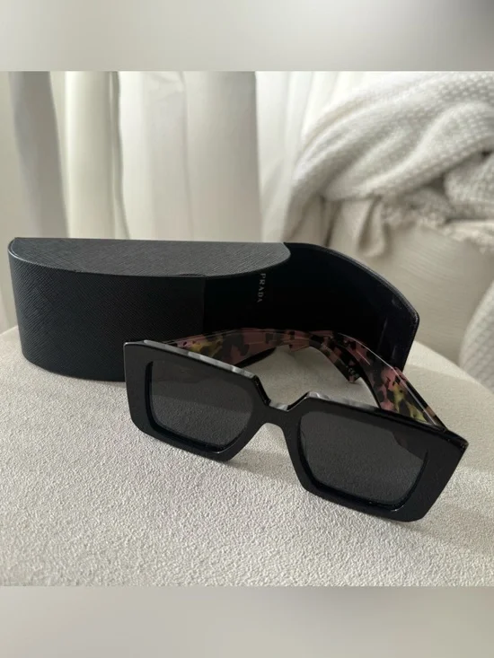 Prada Black Rectangle Sunglasses with Pink Tortoiseshell Temples