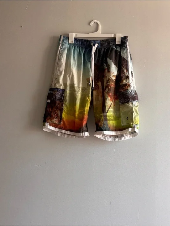 B Split Men’s Sun Waves  Drawstring Cargo Shorts SZ XXL Surf  Swim Beach Trunks