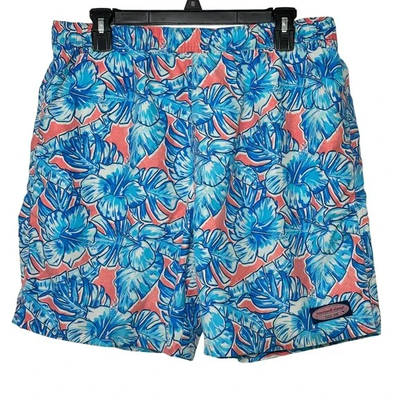 Vineyard Vines Mens Tropical Hibiscus Swim Trunks Blue Coral‎ Pink Medium