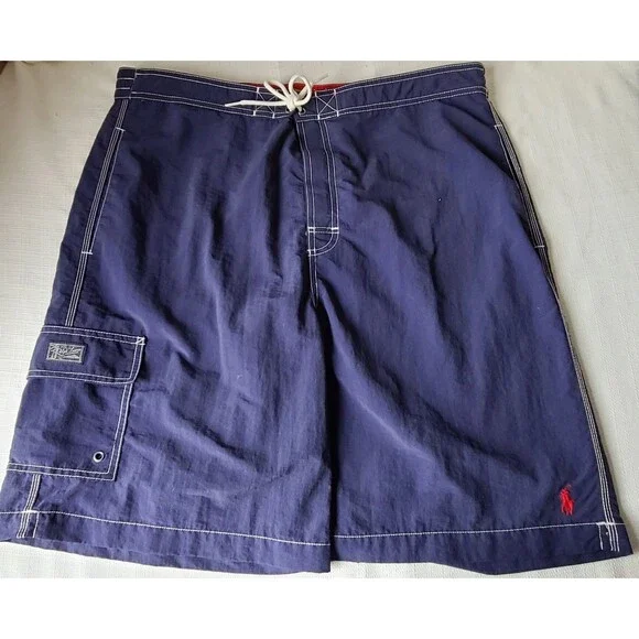 Polo Ralph Lauren Swim Trunks Mens L Blue Board Shorts Cargo Drawstring Blue