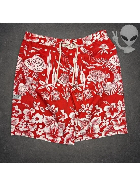 Polo Ralph Lauren Swim Trunks Mens US L Red White Tropical Fish Hibiscus Cargo