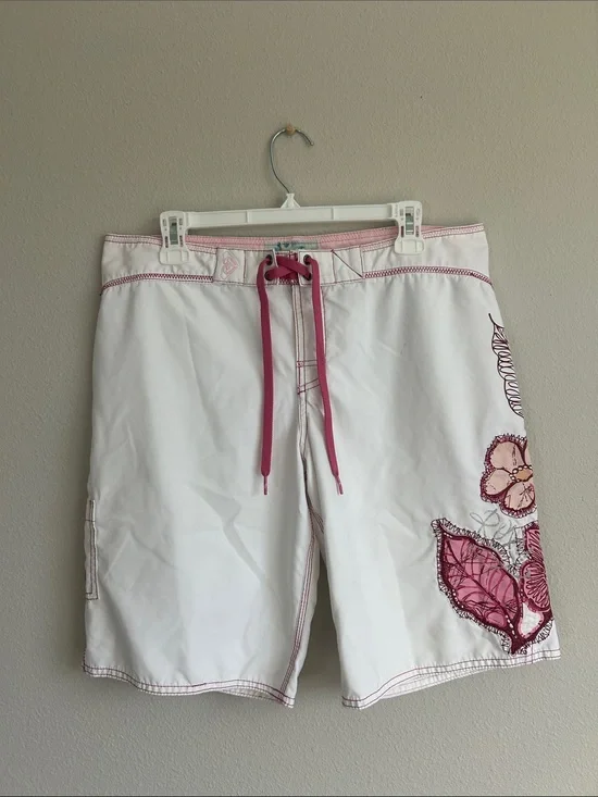 Insane Y2K Roxy White & Pink Unisex Board Shorts With Flowers