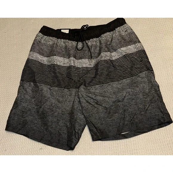 Kirkland Signature Men's Stretch Swim Shorts, Grey/Black Stripes Size Large NWT