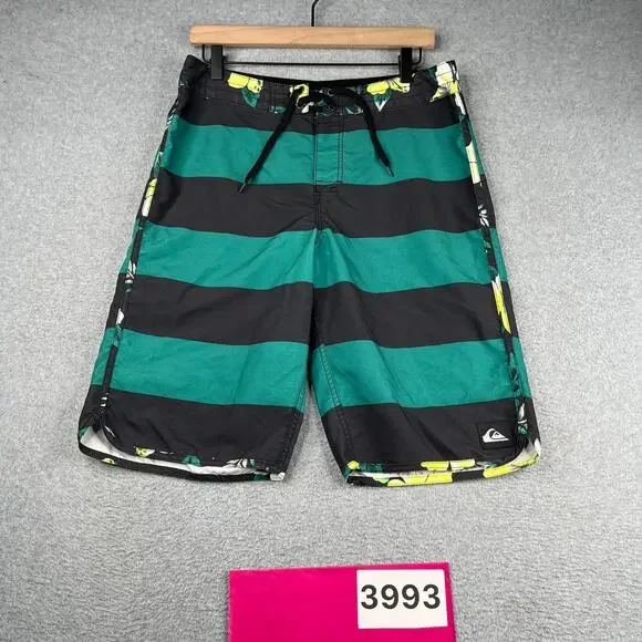 Quiksilver Swim Trunks Mens Green Black Striped Board Shorts Draw String Size 30